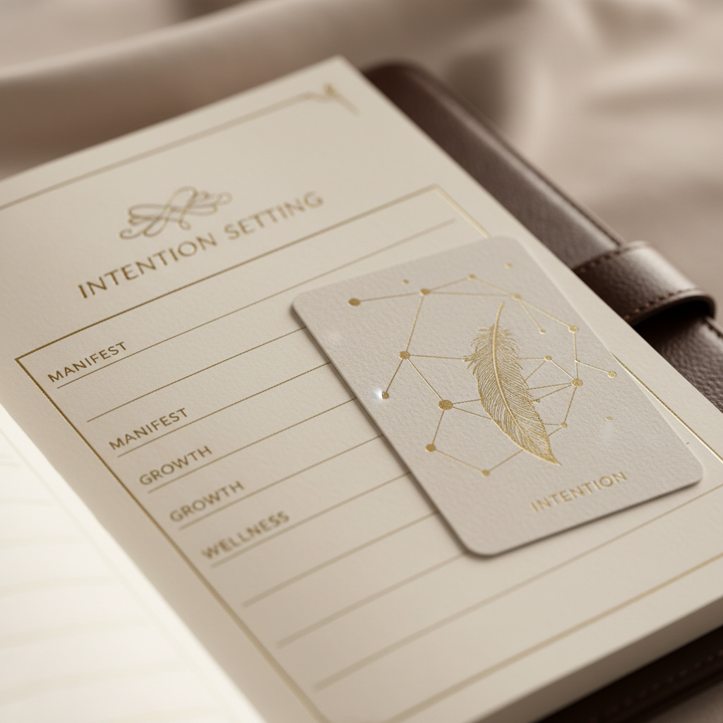 Year of Intentional Living leather planner and intention card macro detail shot