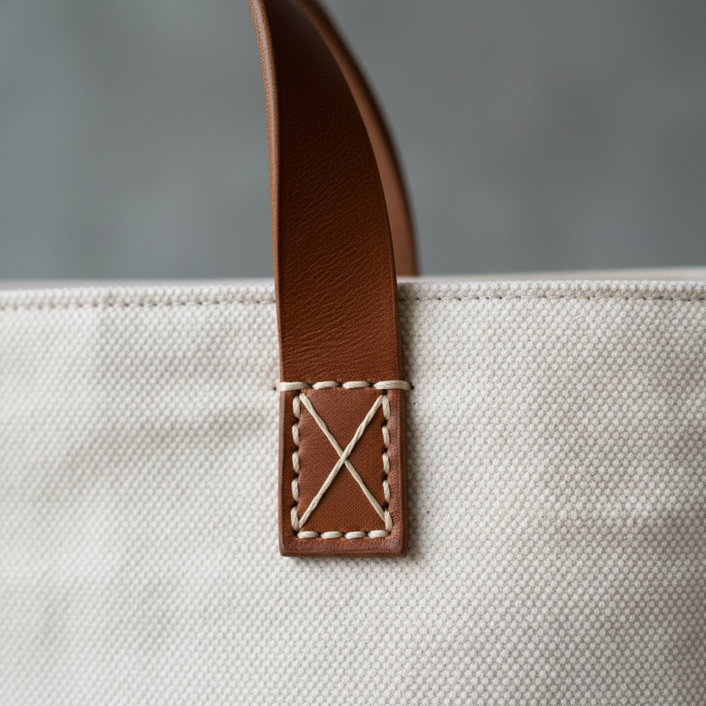 Heritage Canvas Tote organic cotton and leather handle detail shot