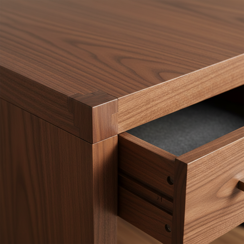 Executive Solid Walnut Workstation wood grain and joinery macro detail shot