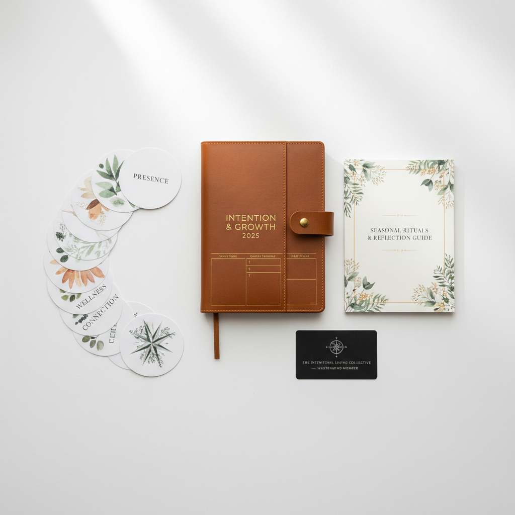 Year of Intentional Living mastermind toolkit flat lay studio shot