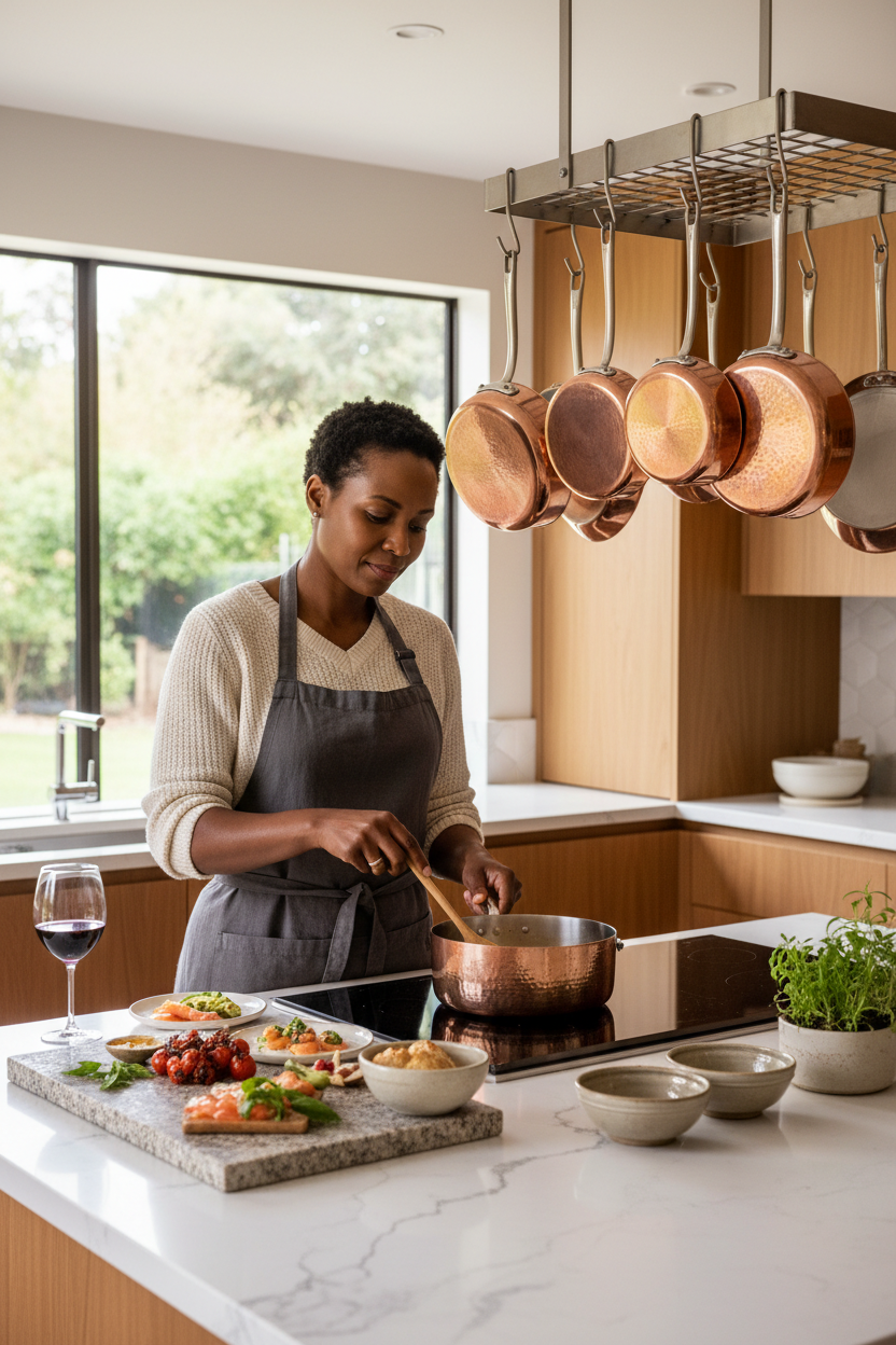 Artisan Copper and Granite Kitchen Collection lifestyle shot with home chef cooking
