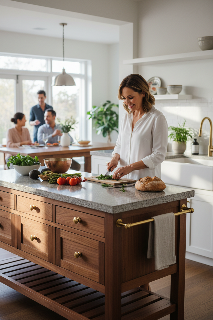 Artisan Kitchen Island Cart lifestyle shot with home chef in modern kitchen