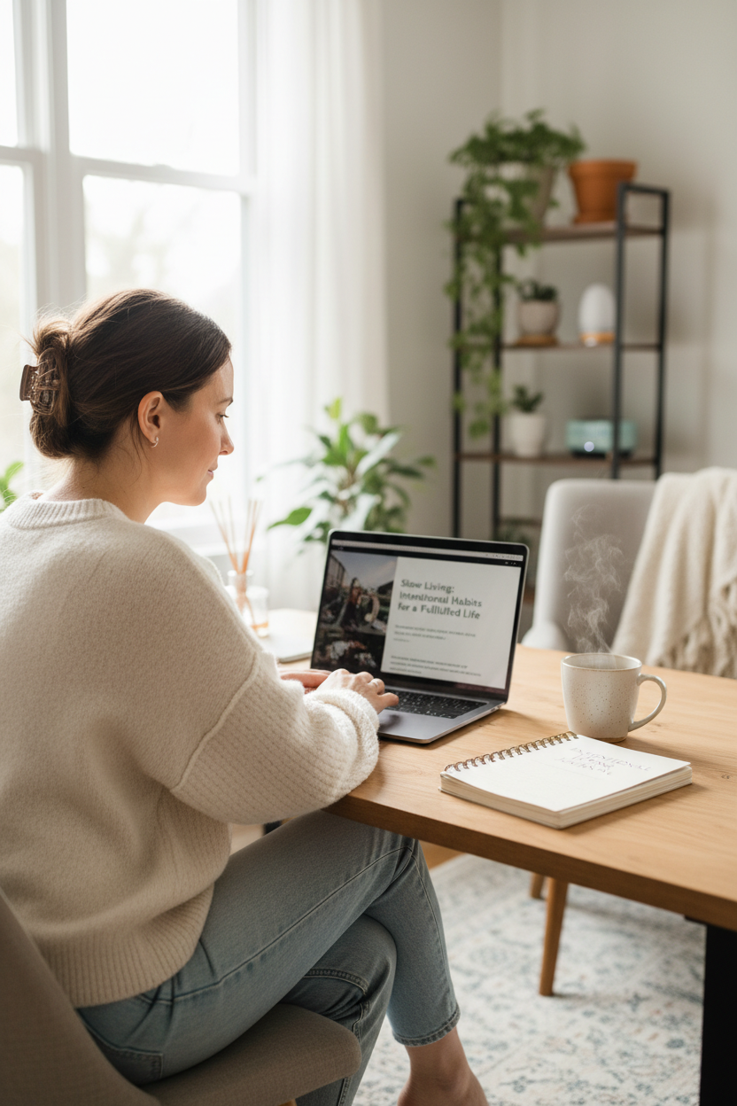Slow Living Starter Kit lifestyle shot with woman and laptop