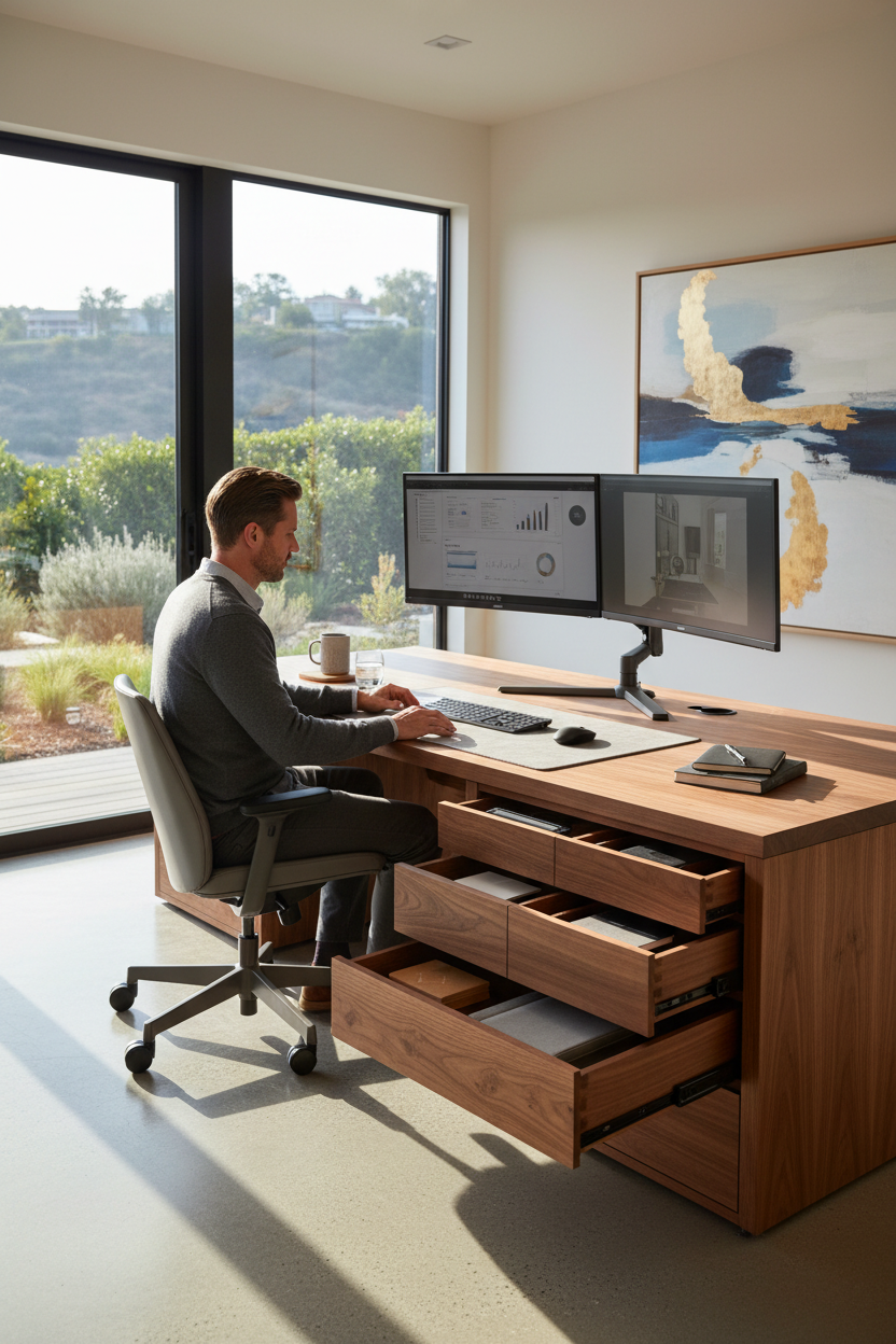 Executive Solid Walnut Home Office Workstation lifestyle shot with remote executive