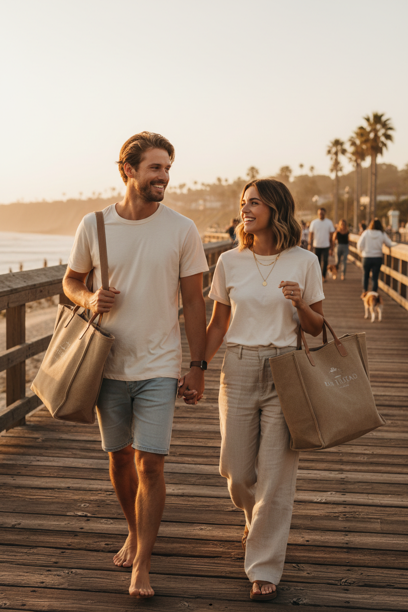 Coastal Lifestyle Apparel Bundle lifestyle shot on California boardwalk