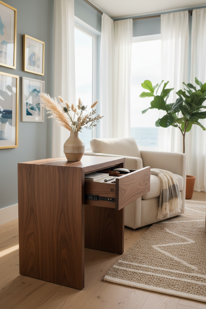Handcrafted Solid Walnut Accent Table lifestyle shot in coastal home office