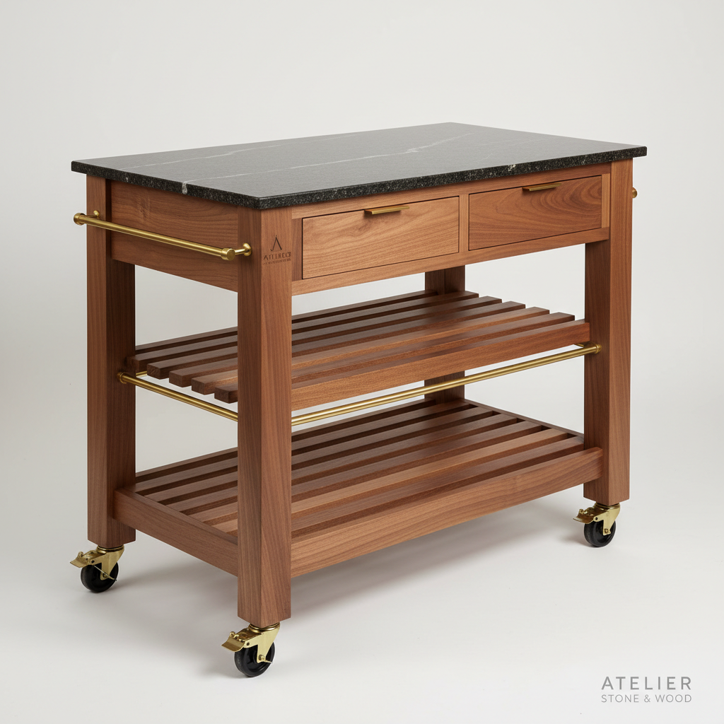 Artisan Kitchen Island Cart Handcrafted Walnut and Stone studio shot