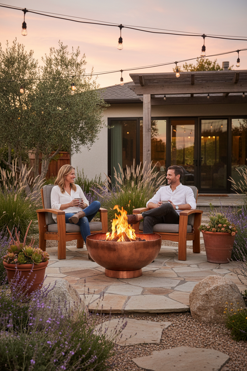 Heritage Outdoor Fire Pit and Seating Ensemble lifestyle shot at California backyard sunset