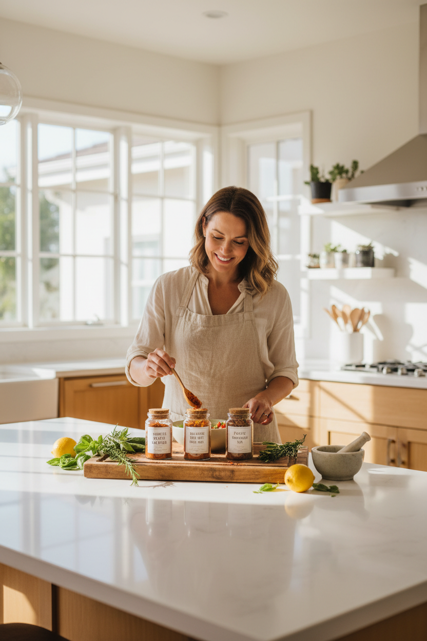 Coastal Harvest Spice and Tea Set lifestyle shot in California kitchen