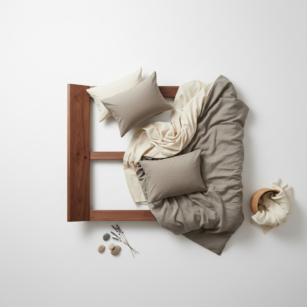 Heritage Bedroom Sanctuary Suite organic linen and walnut frame studio shot