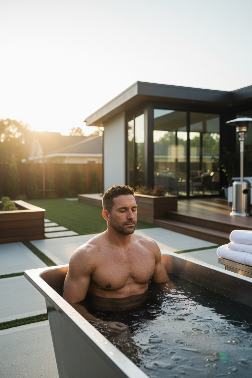 Professional Cold Therapy Recovery System lifestyle shot with athlete doing cold plunge