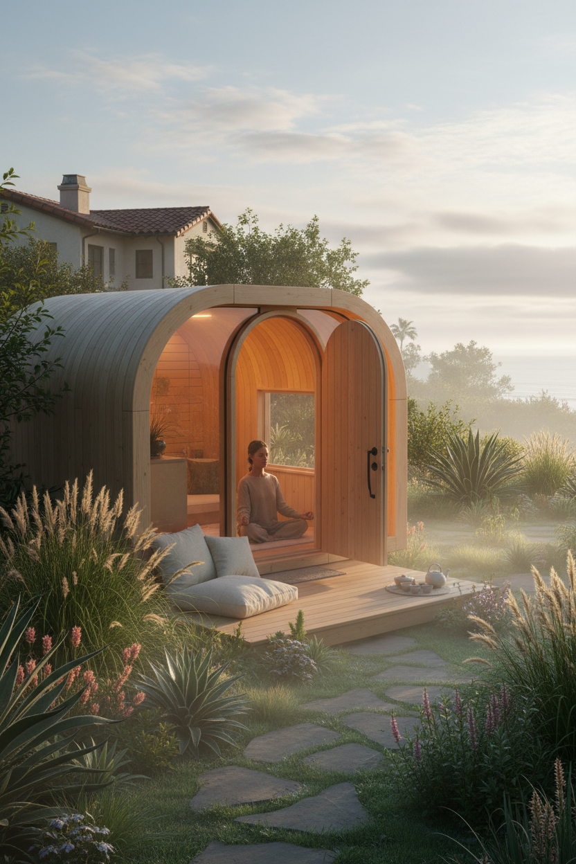 Coastal Wellness Pod lifestyle shot in California backyard garden