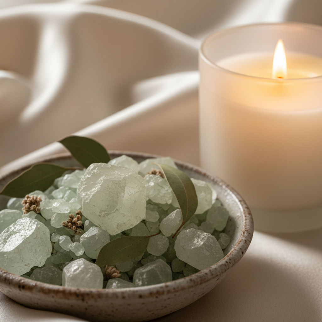 Premium Wellness Retreat Box eucalyptus bath soak and candle macro detail shot
