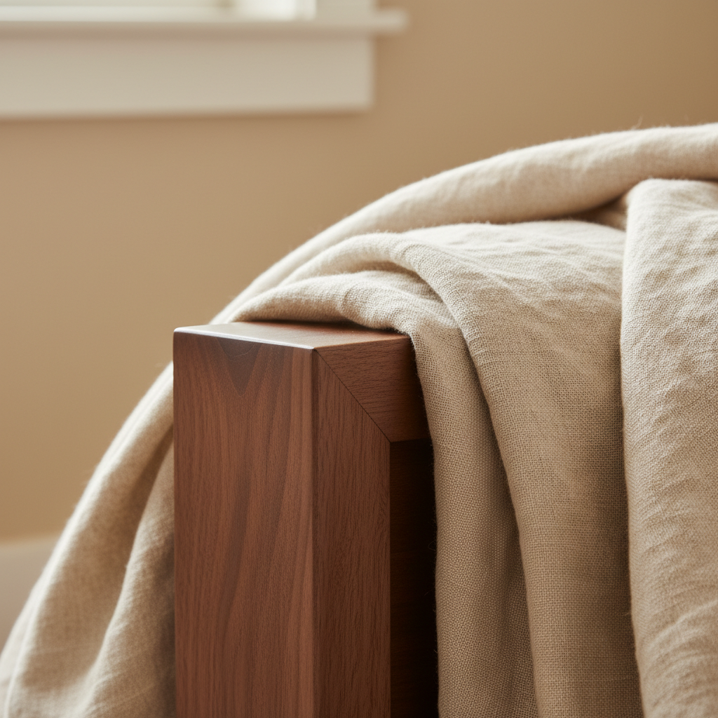 Heritage Bedroom Sanctuary Suite walnut frame joinery and linen texture macro detail shot