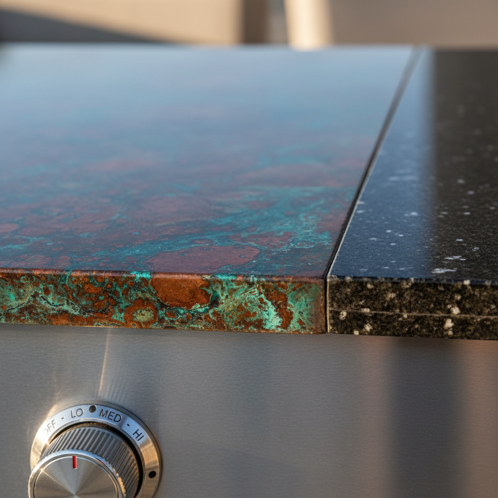 Artisan Outdoor Kitchen Module copper patina and granite surface macro detail shot