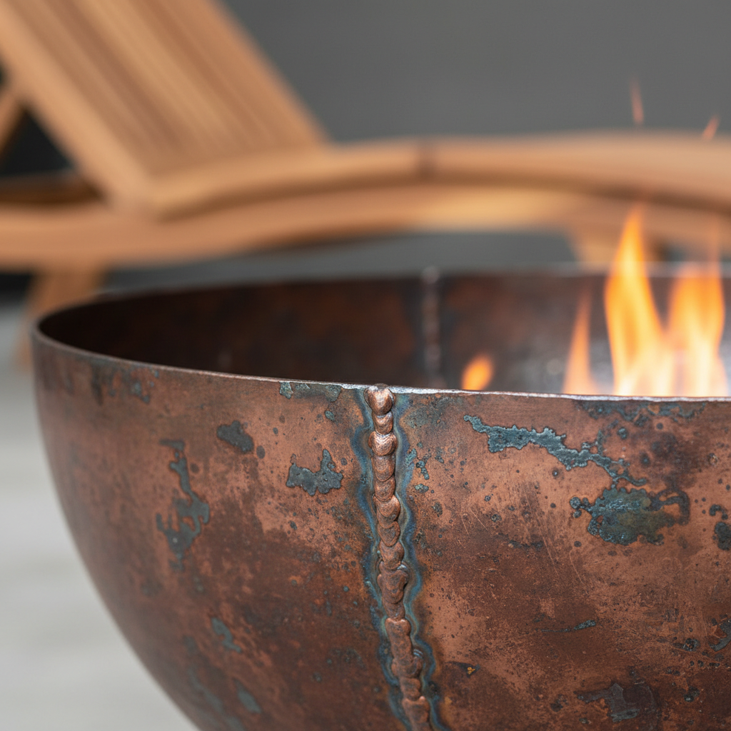 Heritage Outdoor Fire Pit copper finish and teak wood macro detail shot