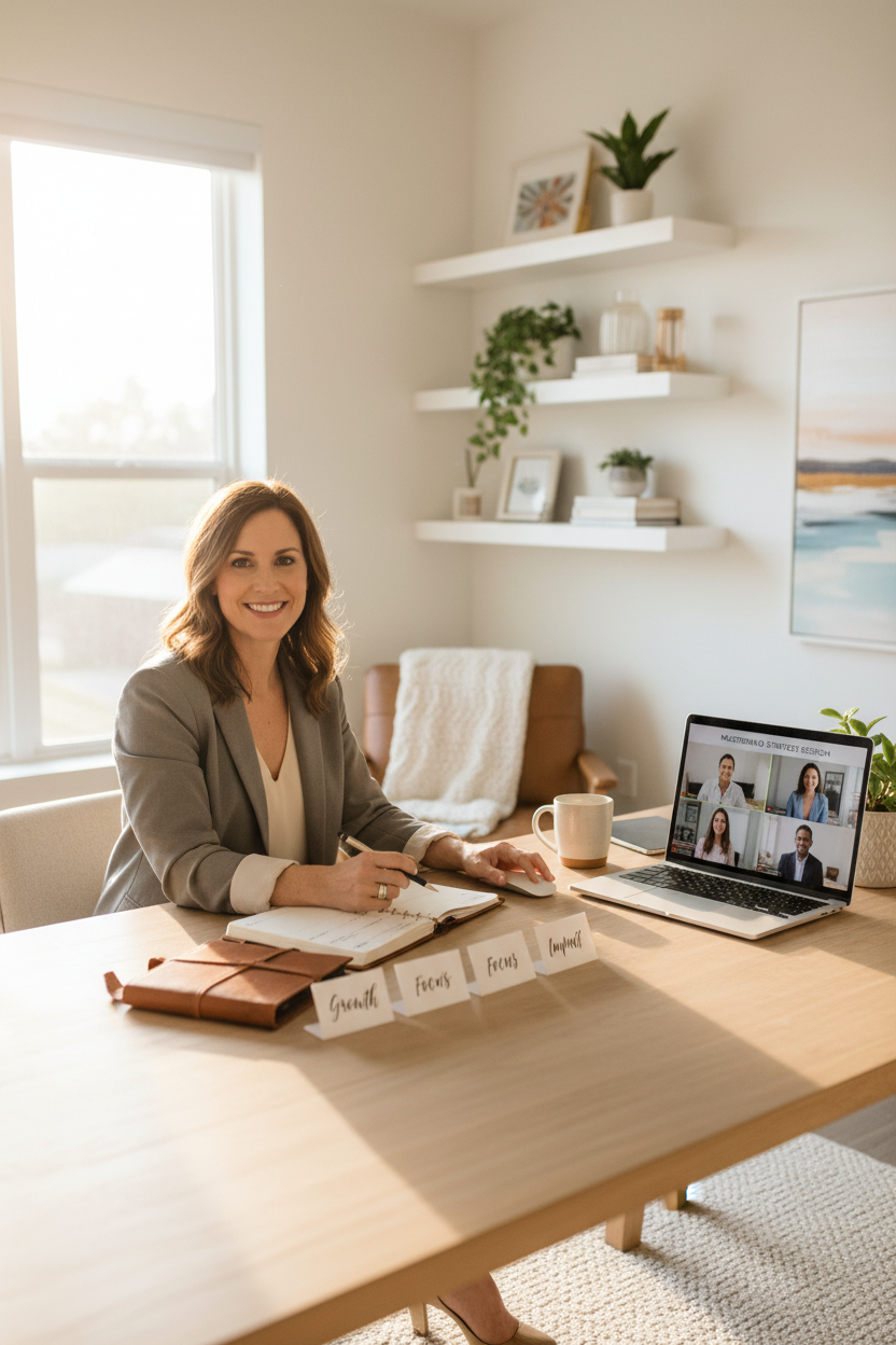 Year of Intentional Living mastermind lifestyle shot with entrepreneur at home office