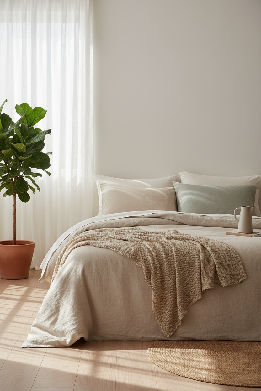 Heritage Organic Linen Bedding Set lifestyle shot in coastal minimalist bedroom