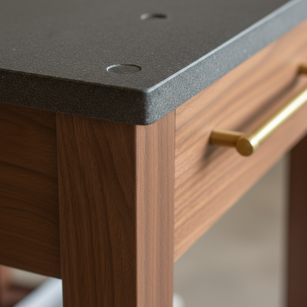 Artisan Kitchen Island Cart granite and walnut with brass hardware macro detail shot
