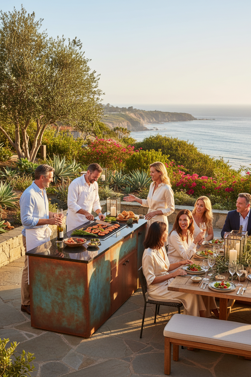 Artisan Outdoor Kitchen Module lifestyle shot with couple entertaining on coastal patio