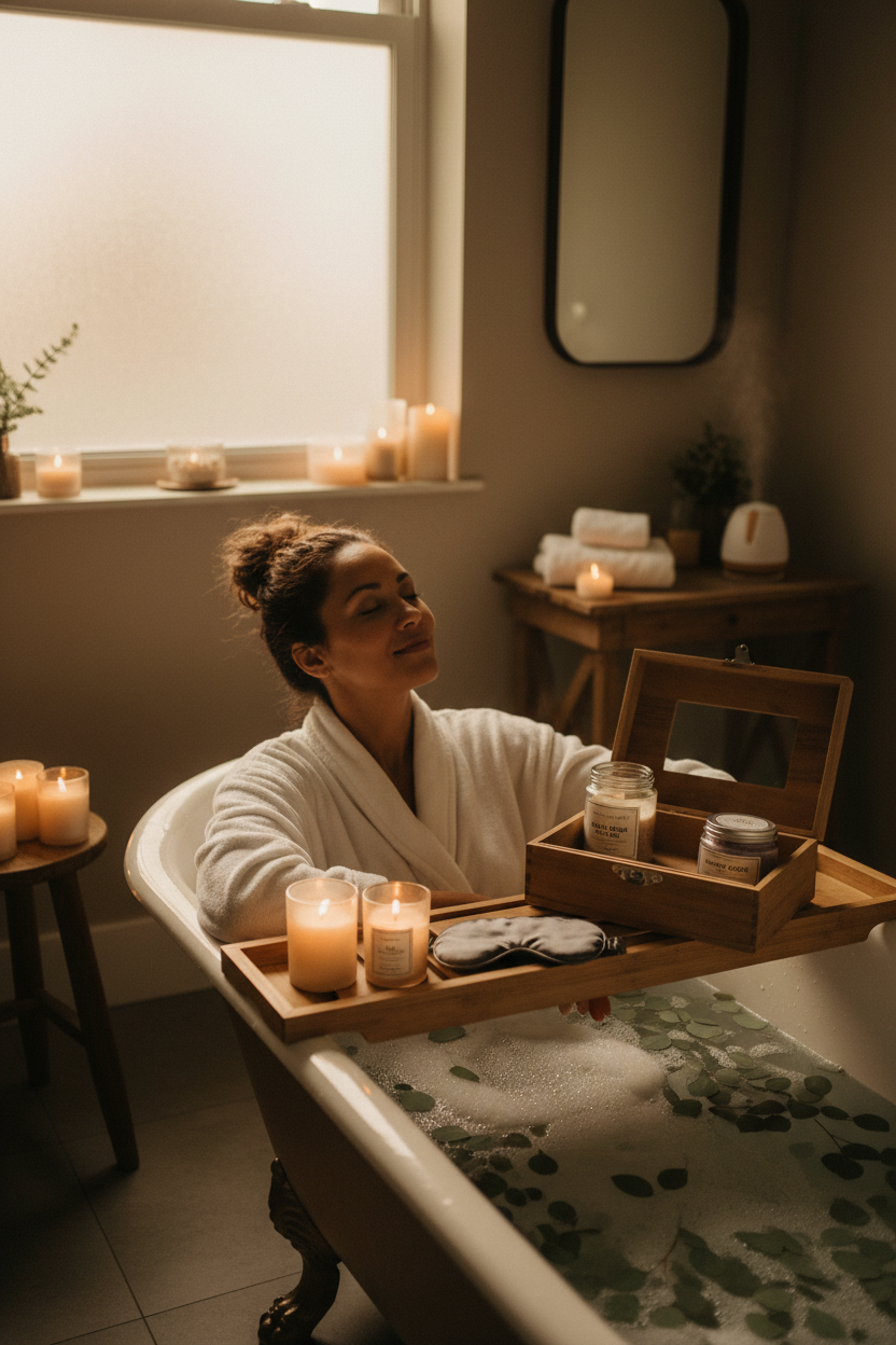 Premium Wellness Retreat Box lifestyle shot with woman unwinding