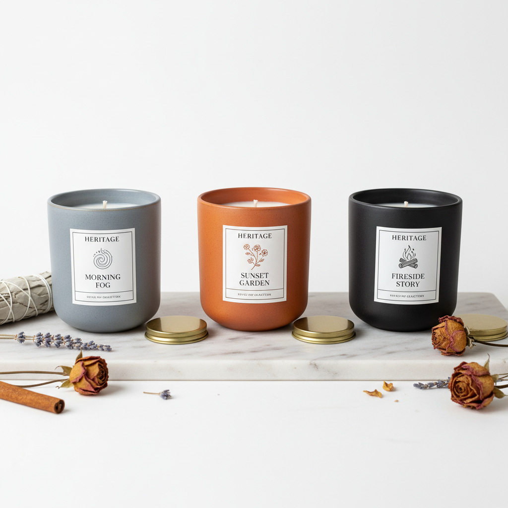 Heritage Home Fragrance Collection 3-piece soy candle set studio shot